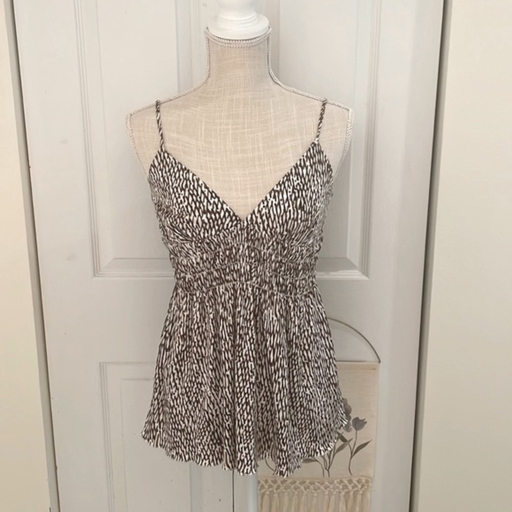 Trina Turk 100% Silk Ruched Babydoll Brown Printed Cami Blouse Top